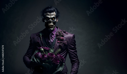 Love Never Dies: A Zombie's Valentine. Undead holding flowers for Valentine´s day. Copy space