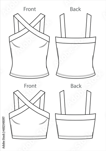 Vector woman strapless blouse sketch, sleeveless T-Shirt fashion CAD, summer crop top technical sketch, female flat, template.  Jersey or rib fabric 2 pcs set tee with front, back view, white color