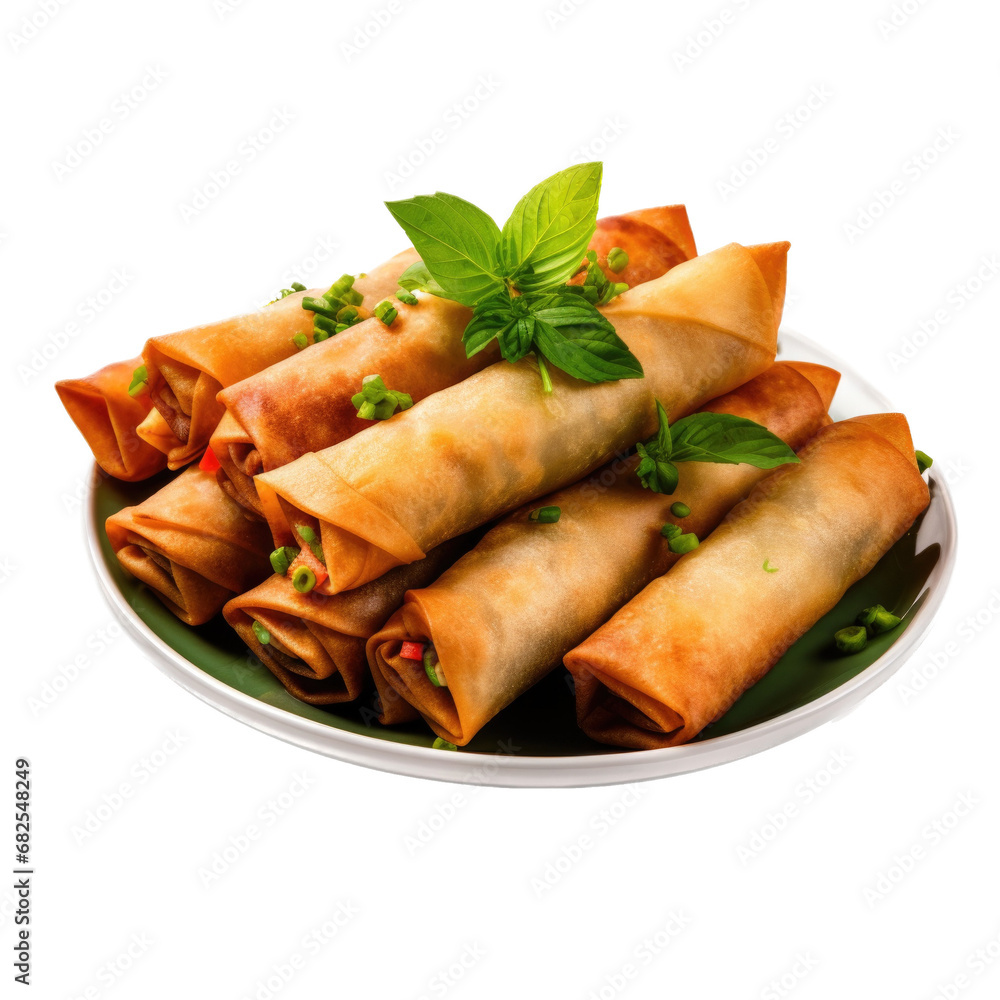 describing Eggrolls on a plate in an isolated and transparent PNG in an Oriental-themed, photorealistic illustration. Generative ai