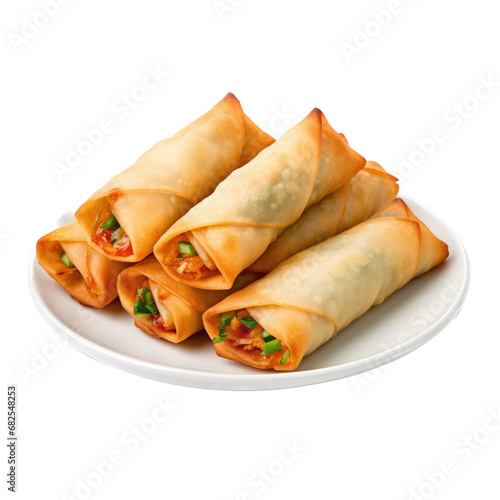 describing Eggrolls on a plate in an isolated and transparent PNG in an Oriental-themed, photorealistic illustration. Generative ai