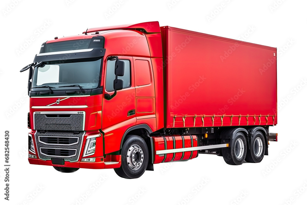 a red Semi Truck with a cargo box/trailer, 3/4 view in an isolated and transparent PNG in a Transport/hauling-themed, photorealistic illustration. Generative ai