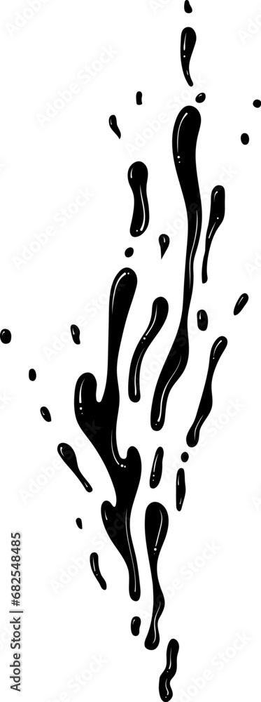 Splashes of water or paint. Spray of fountain. Vector illustration in hand drawn style. Silhouette of liquid with drops isolated on white. Dripping liquid. Water spill. Splashes of water or paint. Spray of fountain. Vector illustration in hand drawn style. Silhouette of liquid with drops isolated on white. Dripping liquid. Water spill.