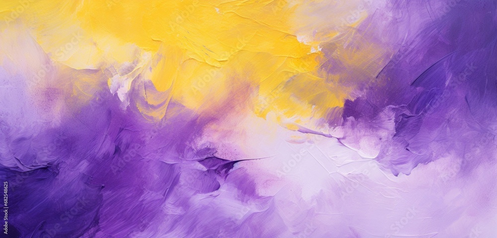 Splash bright paint in purple and yellow hues onto an abstract canvas background.