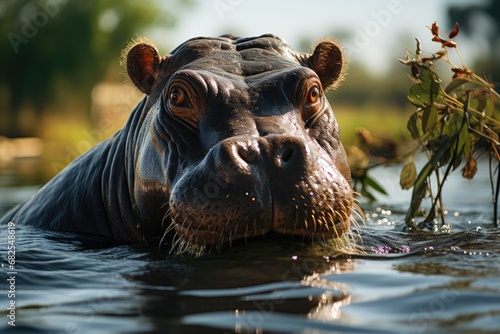 hippopotamus inhabits rivers, lakes and mangrove swamps, where territorial bulls preside over a stretch of river and groups of five to thirty cows and young. photo