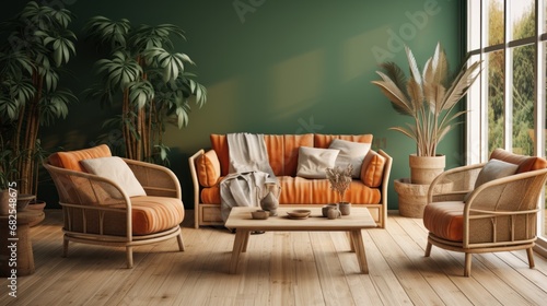 interior modern bright interiors Living room mockup illustration. Elegant Minimalist Green Living Room.
