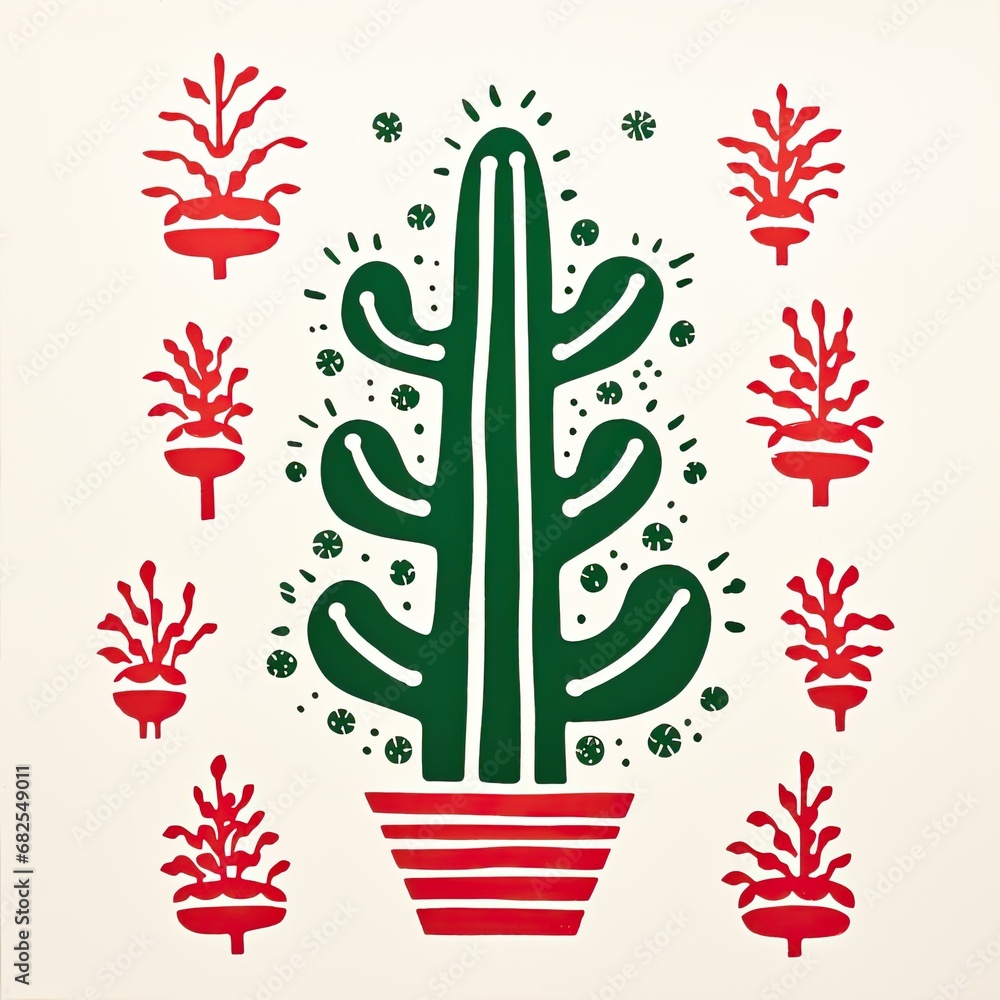 Obraz premium woodcut Christmas cactus print in reds, blacks, and greens on an ivory-colored background in a holiday-themed, graphic illustration in square JPG. Generative ai