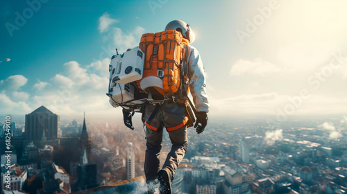 Jet pack man courier messenger is ready to fly. Delivering online orders, purchases, goods, packages in the city. Male guy wears jet suit and safety helmet works in the express flying shipping photo