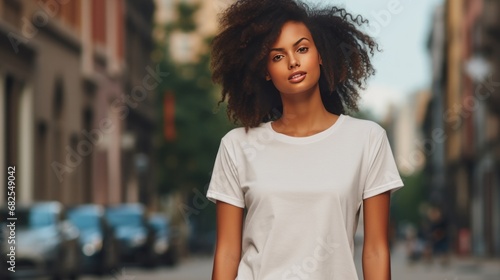 black young woman in the street wearing on oversized long plain natural color t-shirt mockup, copy space, 16:9