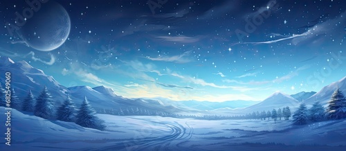In the winter landscape, under a sky adorned with stars, the dancing snowflakes painted the white ground, as the trees swayed gracefully in the light of the moon, creating a beautiful scene in nature.