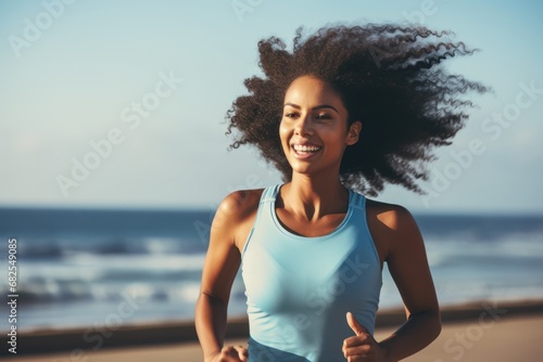 Portrait of sporty black woman runner running on city bridge road against blue background. Afro american, multi racial concept of sportive athletes.. photo
