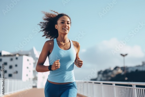Portrait of sporty black woman runner running on city bridge road against blue background. Afro american, multi racial concept of sportive athletes.. photo