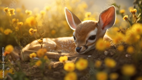 a baby deer fawn in warm light and flowers in a Spring-themed,  horizontal format of photorealistic illustration in JPG. Generative ai © Purple Penguin GFX