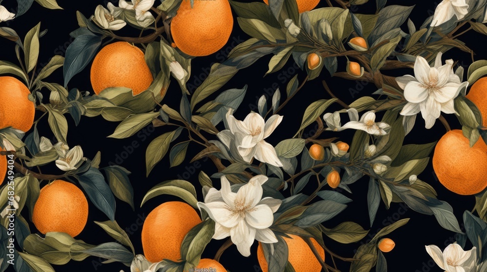 a horizontal format of orange blossoms, leaves, and fruit with a green-colored background in a  juicy Fruit-themed, realistic illustration in JPG. Generative ai - obrazy, fototapety, plakaty 