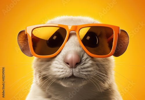 Rat with glasses. Close-up portrait of a rat. Anthopomorphic creature. A fictional character for advertising and marketing. Humorous character for graphic design.