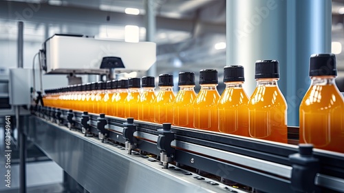 Automatic line for packing juice, nectarine, honey, butter, syrup or smoothies into glass or plastic containers. Bottling plant. Bottles on a factory conveyor. Illustration for cover or presentation. photo
