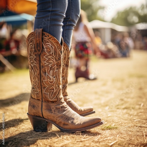 Closeup of woman legs wearing American cowboy boots at an outdoor event - AI Generated photo