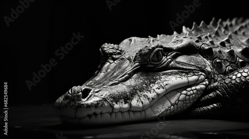 Close-up of an angry crocodile's face. A toothy alligator in monochrome style. Animal in the habitat. Illustration for cover, card, postcard, interior design, banner, poster, brochure or presentation.