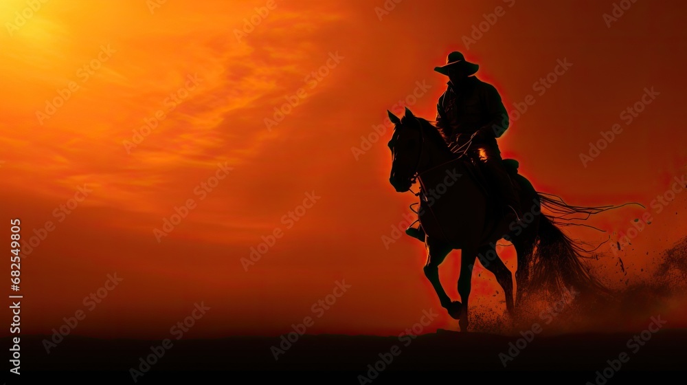 a horizontal format of a cowboy on horseback at sunset in a Western-themed, realistic illustration in JPG. Generative ai