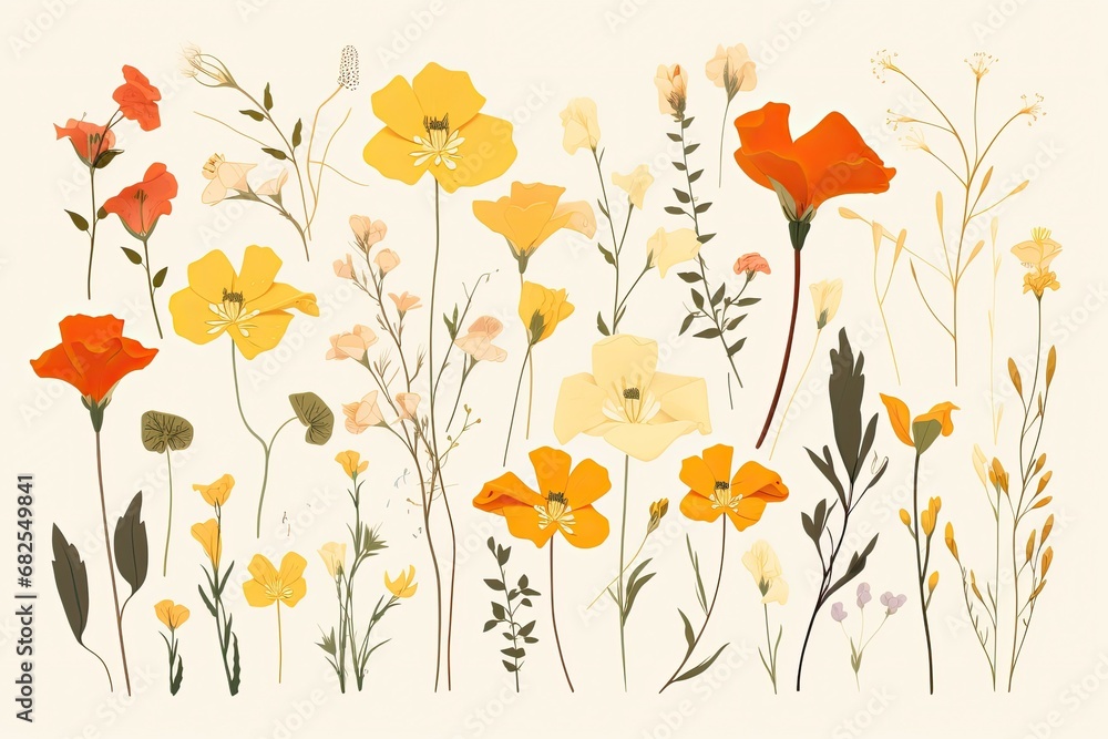 a graphic floral design featuring yellow and orange poppies as a background in a botanical-themed, horizontal format of graphic illustration in JPG. Generative ai