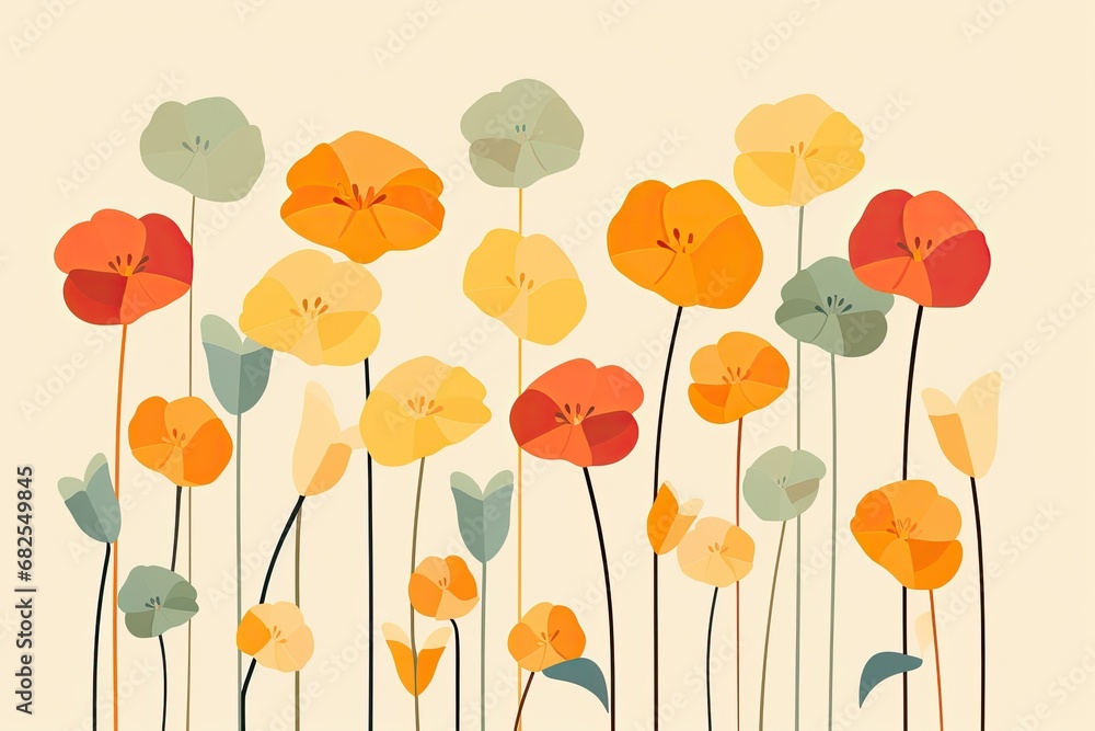 a graphic floral design featuring yellow and orange poppies as a background in a botanical-themed, horizontal format of graphic illustration in JPG. Generative ai