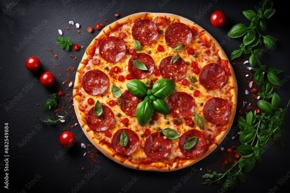 a hot pepperoni pizza with fresh basil on a slate black background and space for copy in a Party-themed, horizontal format of realistic illustration in JPG. Generative ai