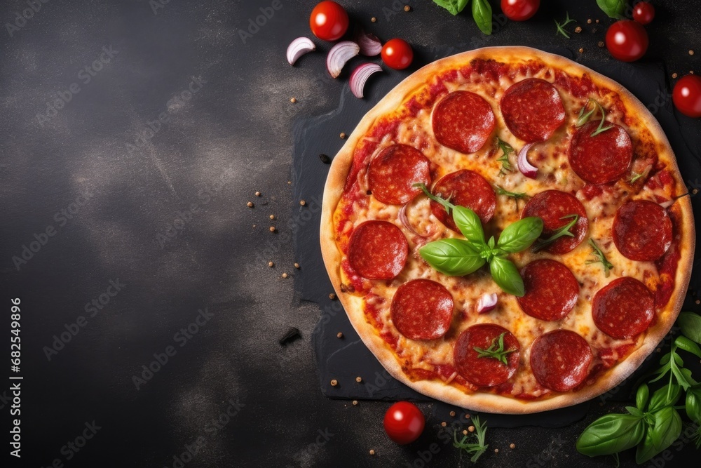a hot pepperoni pizza with fresh basil on a slate black background and space for copy in a Party-themed, horizontal format of realistic illustration in JPG. Generative ai a hot pepperoni pizza with fresh basil on a slate black background and space for copy in a Party-themed, horizontal format of realistic illustration in JPG. Generative ai
