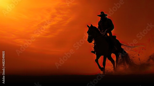 a horizontal format of a cowboy on horseback at sunset in a Western-themed  realistic illustration in JPG. Generative ai