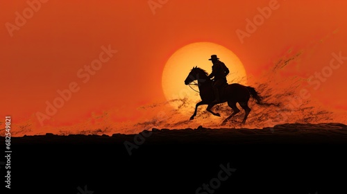 a horizontal format of a cowboy on horseback at sunset in a Western-themed  realistic illustration in JPG. Generative ai