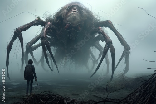 a man looking at giant spider