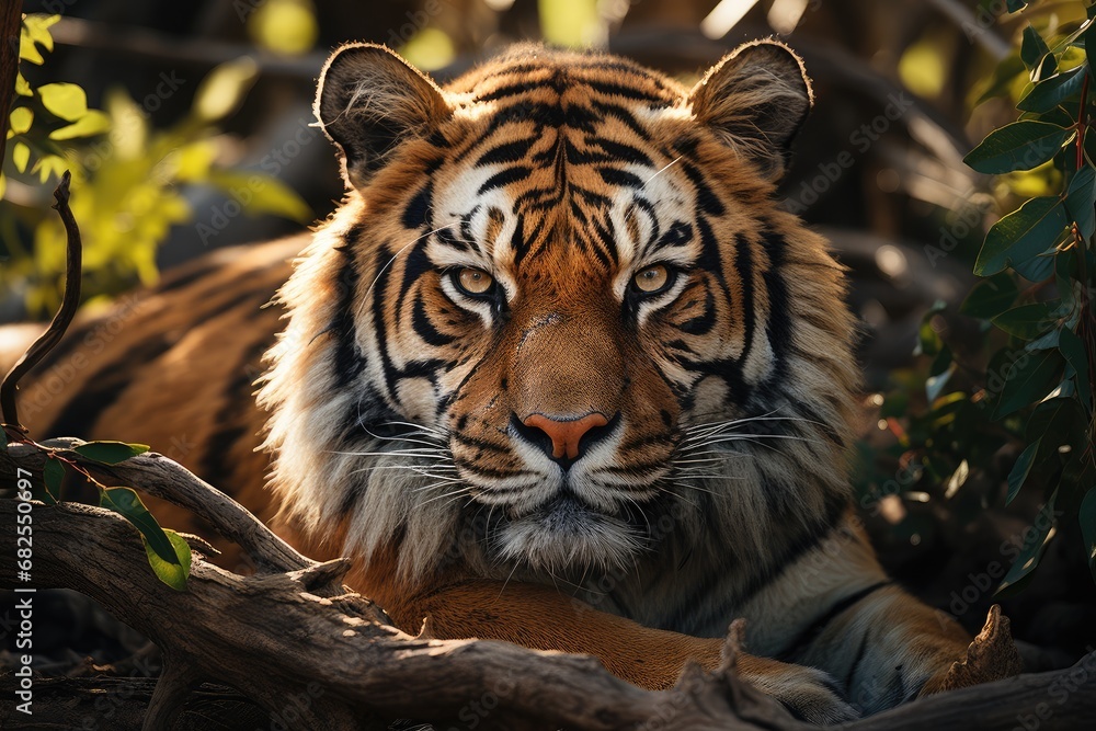 Fototapeta premium Amazing tiger in the nature habitat. Tiger pose during the golden light time. Wildlife scene with danger animal. Hot summer in India. Dry area with beautiful indian tiger. Panthera tigris.
