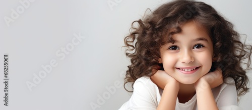 The closeup portrait captures the beauty of a young girl with white isolated background, watching people with her cute smile, showcasing the happiness and sweet innocence in her eyes. photo
