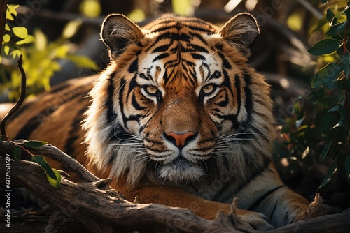 Amazing tiger in the nature habitat. Tiger pose during the golden light time. Wildlife scene with danger animal. Hot summer in India. Dry area with beautiful indian tiger. Panthera tigris.