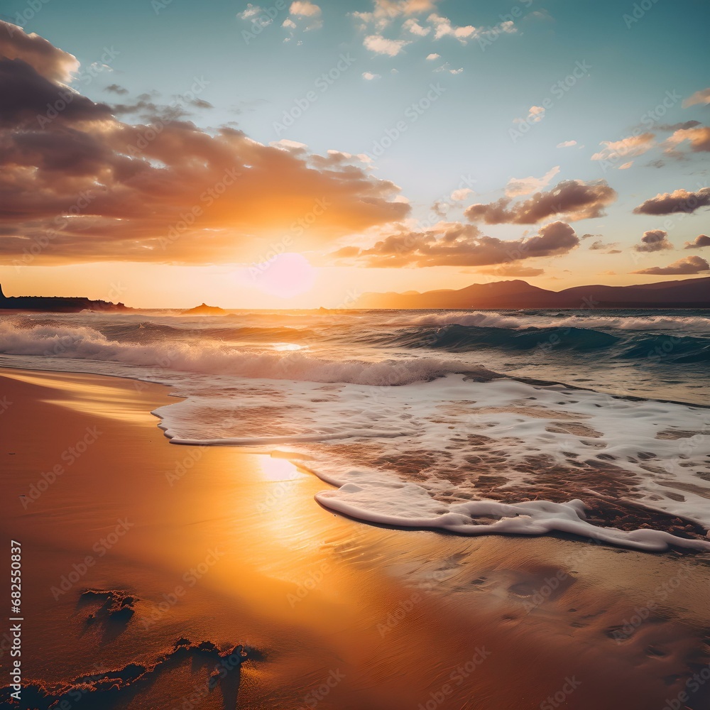 A highly detailed photograph of a stunning sunset over a beach and ocean