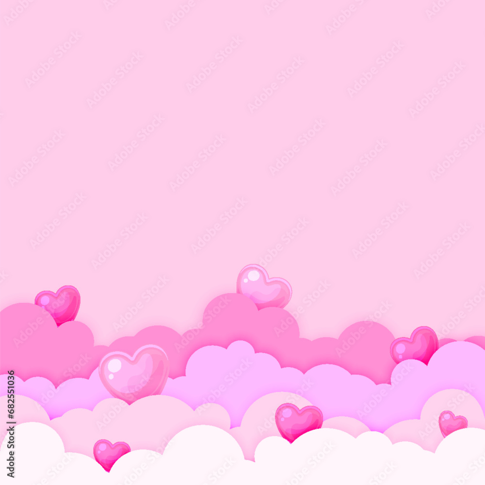 Paper cut cloud heart love background pink flat. Festive banner valentine day greeting card landscape papercut purple romantic flyer gift party sweetheart cute cartoon web poster brochure sweet dream