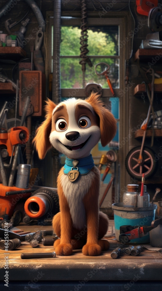An animated brown and white puppy stands in a garage, a backdrop of tools and gadgets behind it, symbolizing a sense of wonder and mechanical interest. An animated brown and white puppy stands in a garage, a backdrop of tools and gadgets behind it, symbolizing a sense of wonder and mechanical interest.