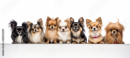 A high-quality studio photograph capturing a variety of adorable canines against a white background. The image showcases different breeds and sizes of dogs, providing copy space for versatile use. photo