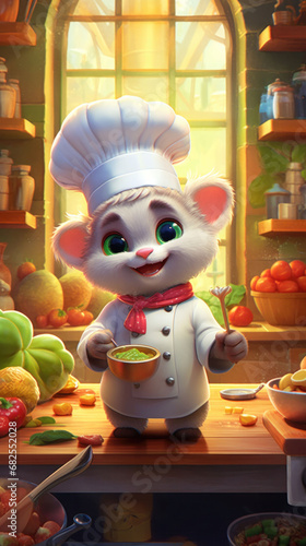  In a rustic kitchen setting, an animated grey cat chef tastes a soup, exuding expertise and enjoyment. The image is infused with a sense of culinary passion and attention to detail.