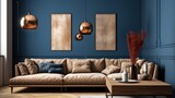 Interior of living room with blue walls, wooden floor, comfortable brown sofa and two mock up posters hanging above it. . Elegant Minimalist Blue Living Room.