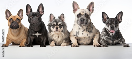 A varied collection of different dog breeds captured in high-quality studio photography against a white background, leaving ample space for text and design elements.