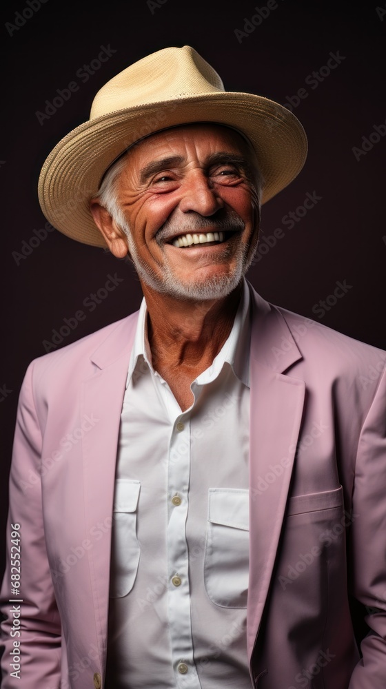 Portrait of a smiling senior in pink jacket man wearing a hat. Vertical isolated on dark ackground. Portrait of a smiling senior in pink jacket man wearing a hat. Vertical isolated on dark ackground.