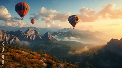 Landscape of hot air balloons flying over the mountains as sunlight is falling