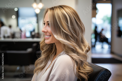 Side view of a woman at a hair salon with blonde highlights