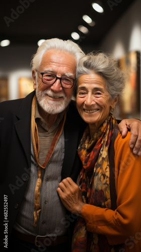 Vertical portrait of a happy senior couple in an art gallery.