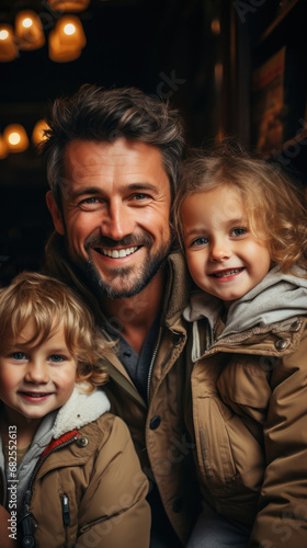 Vertical portrait of a happy father with his two children embrace.