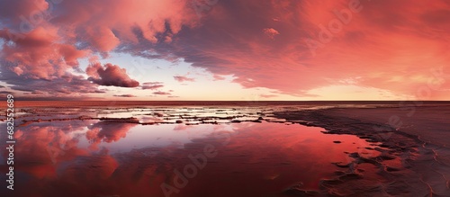 As the red desert stretched for miles, the clouds in the sky cast reflections on the polluted lake, showing the effects of copper excavation by the industry, causing erosion and threatening the