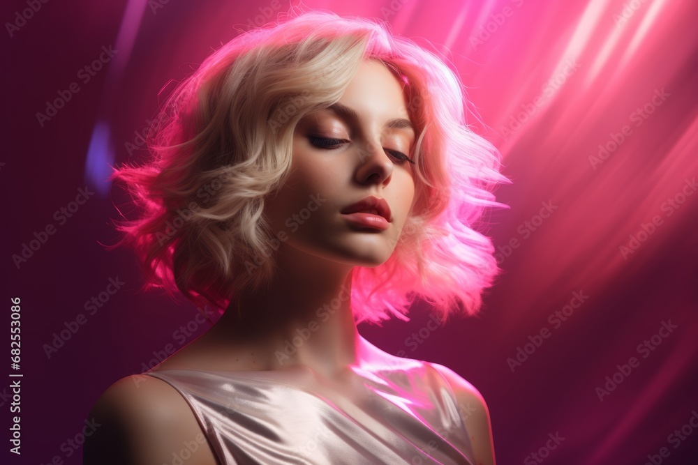 a woman with blonde hair and pink light