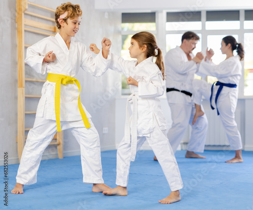 Girl and boy in pairs exercising karate movements during group training