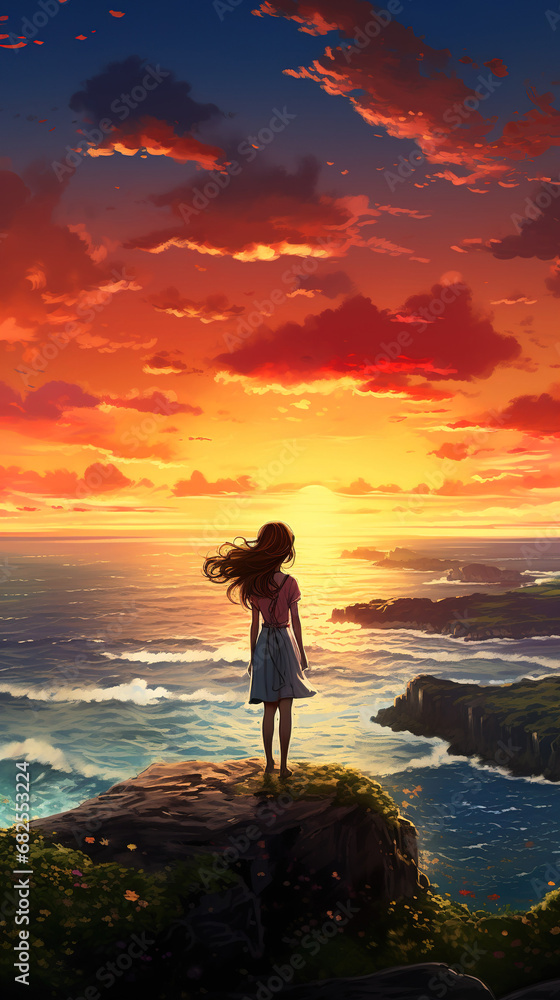 comics girl sunset background