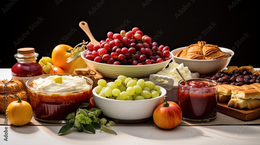 On an isolated white background, an array of food items beautifully showcase the essence of autumn, featuring fruits like green apples and ripe red tomatoes, while a colorful array of ingredients