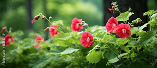 In the midst of Japan's summer, the beauty of nature unfolds across the landscape, with vibrant green hollyhock leaves adding a splash of color to the scenic foliage, showcasing the natural growth and photo